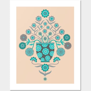 JARDINIERE Vintage Damask Flowers in Floral Vase Turquoise Teal Gray - UnBlink Studio by Jackie Tahara Posters and Art